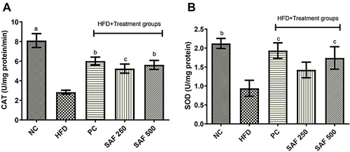 Figure 5 Effect of safranal on hepatic antioxidant enzymes namely CAT (A) and SOD (B) levels in NAFLD rat model. Results are expressed as mean± SEM (n=6) and statistically significant as compared to disease control (DC) group by using one-way method of ANOVA following the Dunnett’s test. Where ap<0.001, bp<0.01 and cp<0.05.