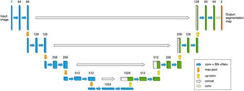 Figure 1 Unet architecture, the boxes represent feature map consist of multi-channels, the number of channels in each layer is on the top of each box. The arrows colored by five colors corresponds to five kinds of convolutional operation which can be found on the right bottom of the figure.