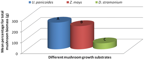 Figure 3b. Effect of different mushroom growth substrates on total mushroom biomass (g).