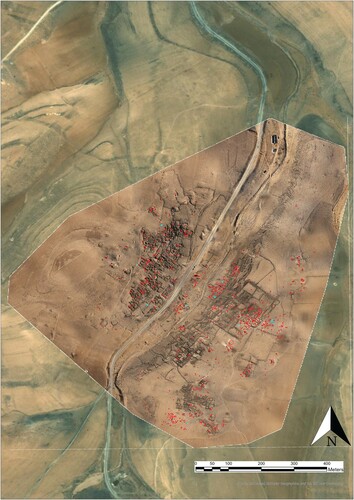 Figure 7. A plan of the pits excavated between October 2014 and May 2016 (marked in blue; red indicates all the pits documented). Based on analysis of satellite imagery available on Google Earth.