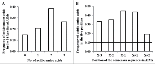 Figure 1. The distribution of acidic amino acids in known functional AIMs. (A) The frequency of acidic amino acids present in the 34 functional AIMs (excluding the 2 atypical AIMs). (B) The frequency of acidic amino acids present in each of the 5 analyzed positions in the 34 functional AIMs. The horizontal line indicates the expected frequency of acidic amino acid in a random distribution (2/20 amino acids).