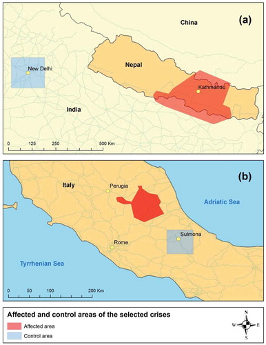 Figure 1. Affected and control areas of the analyzed earthquakes in Nepal/India (a) and Italy (b).