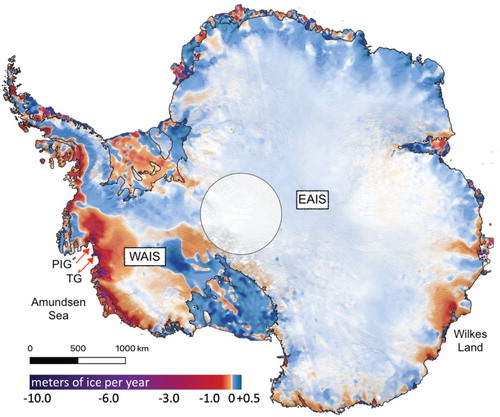Figure 2. Elevation changes on the Antarctic Ice Sheet showing slight thickening over most of the continent and rapid thinning in the Amundsen Sea Sector od WAIS and in Wilkes Land. PIG: Pine Island Glacier; TG: Thwaites Glacier (From Smith et al., Citation2020).