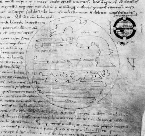 Fig. 9. An adaptation of the map of Macrobius contained in a manuscript of the‘abbreviated group’, produced in Freising in the second half of the tenth century. The map is unusual for its single toponym (caspium mare), its particularly large northern hemisphere, and its elaborate pseudo‐coastlines. To the top right of the main figure, the four cardinal points are marked around the edge of of a much smaller diagram, on which the northern and southern zones and equatorial Ocean are also shown. Munich, Bayerische Staatsbibliothek Clm 6364, fol. 23r. Appendix 1, no. 3. (Reproduced with permission from the Bayerische Staatsbibliothek.)