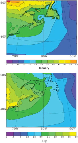 Fig. 9 Differences in surface air temperature (°C) in January (upper panel) and July (lower panel) between the 2069–2040 and 1970–1999 periods.