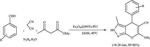 Scheme 116. synthesis of dihydropyrano[2,3-c]pyrazole derivatives in the presence of Fe3O4@HNTs-PEI nano-catalyst.