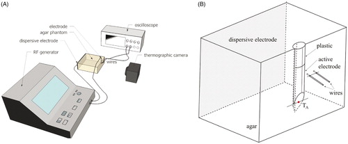Figure 2. (A) Overview of the in vitro experimental setup based on an agar phantom. (B) Geometry of the computer model built to mimic the experimental setup (not to scale). The dispersive electrode was modelled on the wall parallel to the wall of electrode insertion.