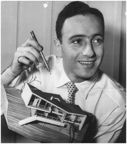Figure 14. Harry Seidler with model of the Meller House, Castelcrag, October 1950. Photographed for People magazine. Courtesy Mitchell Library, State Library of New South Wales.