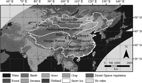 Fig. 3 Asian land-cover map, climatic zones in Mongolia and China, and locations of ecological stations for evaluation.