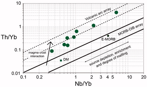 Figure 13. Incompatible trace-element variation diagram after (Pearce, Citation2008) with data from the mafic St Peter Suite from this study. Abbreviations: DM, depleted mantle; E-MORB, enriched mid-ocean ridge basalt; MORB, mid-ocean ridge basalt; OIB, oceanic island basalt.