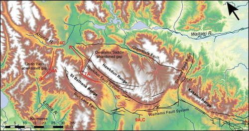 Figure 6  DEM of the NW-trending Hawkdun, St Bathans and Kakanui ranges showing points relevant to river capture events (Table 1; red numbers). Black lines are Cretaceous normal faults that have been locally reactivated as reverse faults. DP: Dansey Pass.