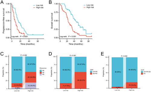 Figure 4. Clinical outcomes and efficacy analysis for EGFR-mutated advanced NSCLC receiving EGFR-TKI monotherapy in different risk groups. Kaplan–Meier curves for PFS (A) and OS (B); best response (C), ORR (D) and DCR (E).