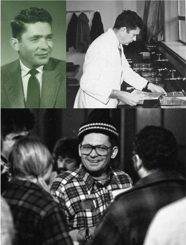 Figure 1. Clockwise from upper left: Ken Wells photographed in the 1950s, Wells developing electron micrographs in the 1960s and Wells regaling students in 1977 on the Mendocino Foray, which he and Harry Thiers at San Francisco State University initiated in the 1970s and which has grown to include UC Berkeley, Stanford University, California State University, East Bay, and California State University, Fresno. Photos from 1950s and 1960s provided by Heidi and Ellinor Wells, photo from 1977 by J. Taylor.