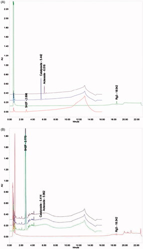 Figure 1. UPLC analysis of chemical standards (A) and specific ingredients of KOG (B). KOG: Kyeongok-go, Traditional mixed herbal formulation; UPLC: Ultra performance liquid chromatography; 5H2F: 5-hydroxymethyl-2-furfural; Rg3: Ginsenoside Rg3.