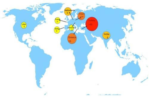 Figure 1 World map illustrating the distribution of the described cases of bilateral acute iris transillumination (BAIT) syndrome around the world.
