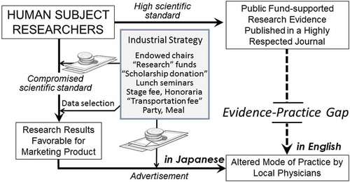 Figure 1. The two contrasting pathways of research through which Japanese clinical studies with human subjects influence the behavior of Japanese practicing physicians, who are more exposed to the compromised scientific standards of industry than the higher scientific standards possible without such pressure.