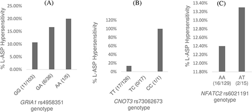 Figure 1 Frequency of L-ASP hypersensitivity in relation to the investigated SNPs. For each SNP the reference genotype is depicted in the first bar. (A) GRIA1 rs4958351 (B) CNOT3 rs73062673 (C) NFATC2 rs6021191.