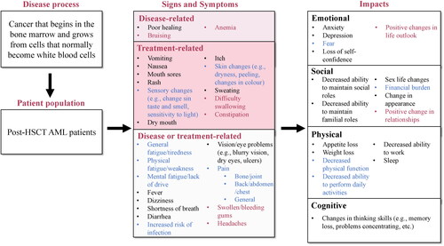 Figure 4. Conceptual model amended according to concept elicitation interviews with patients with AML in remission post-HSCT. Concepts included in the clinician-revised conceptual model are in black text. Concepts added from patient concept elicitation interviews are in red text. Concepts included in the clinician-revised conceptual model but amended following patient interviews are in blue text. Symptoms were assigned to ‘Disease-related’, ‘Treatment-related’, and ‘Disease or treatment-related’ based on their assignment in the preliminary conceptual model or based on answers given by clinicians or patients during concept elicitation interviews. AML: acute myeloid leukemia; HSCT: hematopoietic stem cell transplant.