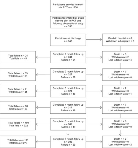 Figure 1 Participant flow through observational study, including number of falls that occurred during each month of observation.