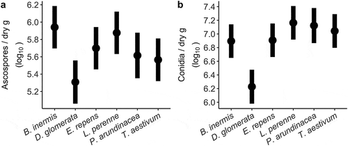 Fig. 2 Fusarium graminearum spore production on six different grasses. Bars are confidence intervals (95%) around least square means from a linear mixed model of (a) ascospore and (b) conidia production on grass stems averaged across 10 isolates of F. graminearum. The number of spores produced was significantly affected by host in both cases (F5,8 = 14.30, P < 0.001 and F5,8 = 43.45, P < 0.001, respectively).
