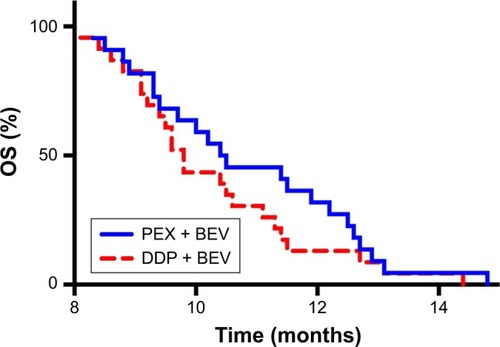 Figure 2 Kaplan–Meier curves for (OS in intrapleural infusion of bevacizumab combined with cisplatin group and intrapleural infusion of bevacizumab combined with pemetrexed group (P > 0.05).