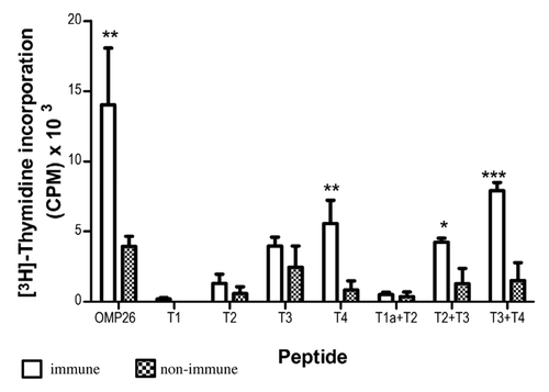 Figure 1. Antigen-specific proliferative responses to T1, T2, T3, T4, T1a+T2, T2+T3 and T3+T4 OMP26 peptides from OMP26-primed and naïve DA rats. Splenic lymphocytes from immunized and non-immunized rats were cultured with individual OMP26 peptides or Concanavalin A (positive control) at concentrations of 10 μg/ml and 1 μg/ml for 3 d. Proliferative responses to peptides at 10 μg/ml are shown and values presented are expressed as mean counts per minute (CPM) ± standard deviation. Background lymphoproliferative responses to the negative E. coli protein control have been subtracted. Significance shown as ***p < 0.001, ** p < 0.02, * p < 0.05 compared with naïve lymphocytes stimulated with the same peptide on logCitation10 transformed data.