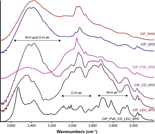 Figure 6 FT-IR spectra of ciprofloxacin hydrochloride (CIP) and the CIP-containing microparticle compositions investigated.