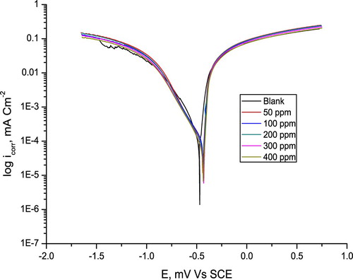 Figure 8. Curves from potentiodynamic polarization tests for C-steel in 10% NH2SO3H solutions in the absence and existence of various extract concentrations.