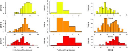 Figure 1.  6 minutes walking distance, Fletcher’s Dyspnea scale, and SGRQ according to the GOLD 2006 classification.