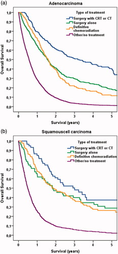 Figure 3 (a). Kaplan–Meier survival analysis among elderly patients with an adenocarcinoma (n = 3402). (b). Kaplan–Meier survival analysis among elderly patients with a squamous cell carcinoma (n = 1099).