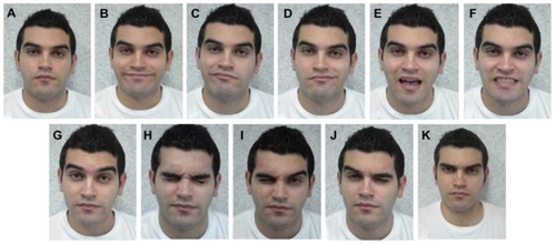 Figure 2 All considered facial gestures in this work: (A) natural, (B) smiling, (C) smiling with right side, (D) smiling with left side, (E) open the mouth like saying “a” in “apple,” (F) clenching molar teeth, (G) pulling up the eyebrows, (H) closing both eyes, (I) closing right eye, (J) closing left eye, (K) frowning.