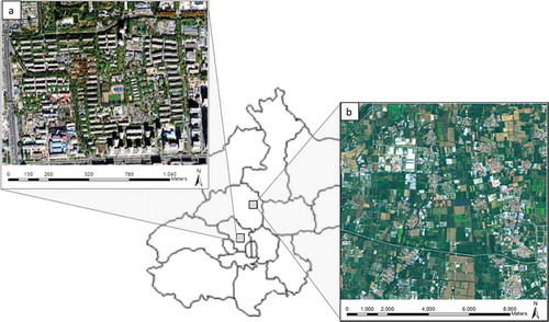 Figure 1. Study area images for (a) urban area, and (b) farmland area.