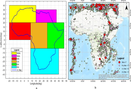 Figure 3. (a) The six divisions of the study area. (b) Epicentral distribution of the declustered earthquake events.