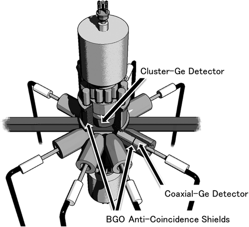 Figure 2. Layout of the array of Ge detectors. The array is composed of two cluster-Ge detectors, eight coaxial-Ge detectors and anti-coincidence shields around each Ge detector.