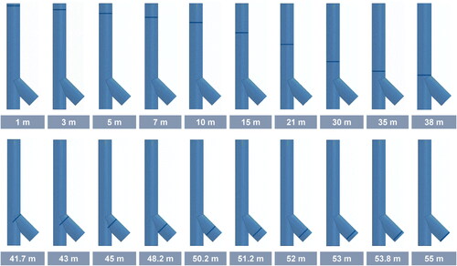 Figure 10. Different locations of the concrete wall in the main tunnel (top) and the branch tunnel (bottom).