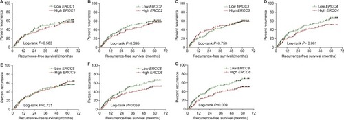 Figure 4 Kaplan–Meier curves of ERCC genes in HBV-related HCC RFS.Note: The order of Kaplan–Meier curves of ERCC genes were as follows: ERCC1 (A), ERCC2 (B), ERCC3 (C), ERCC4 (D), ERCC5 (E), ERCC6 (F), and ERCC8 (G).Abbreviations: ERCC, excision repair cross-complementation; HBV, hepatitis B virus; HCC, hepatocellular carcinoma; RFS, recurrence-free survival.