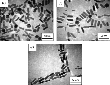 Figure 3. TEM micrographs of AuNRs. (a) 3.12 aspect ratio, (b) 3.39 aspect ratio and (c) 3.60 aspect ratio.