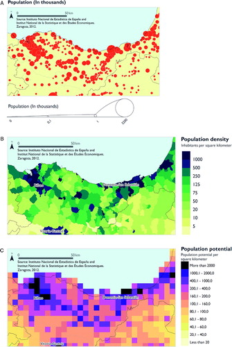 Figure 1. Maps of population: A. Map of population by proportional symbols; B. Population density map; C. Map of population potential.