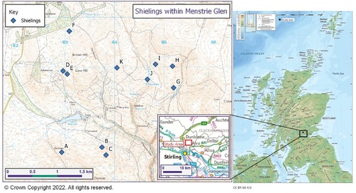 Fig. 1. Location of all shieling sites within Mentrie Glen and Scotland. Canmore data on OS base map.