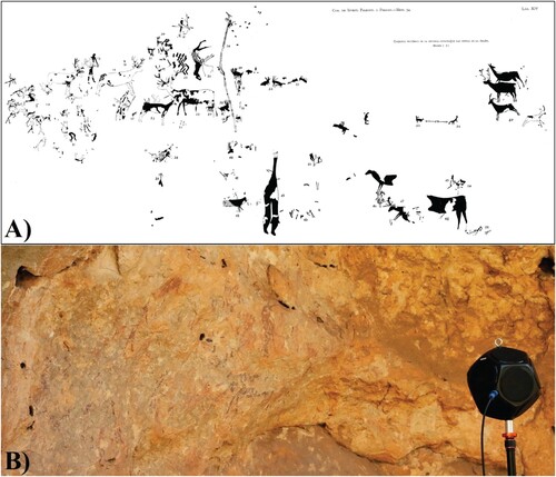 Figure 3. A) Tracing according to Hernández-Pacheco (Citation1924); B) photograph taken during the acoustic measurement work (Photo: N. Santos da Rosa).