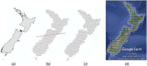 Figure 11. (a) Source polygon data for the country of New Zealand from Natural Earth. (b) A non-rotated resolution 5 quadrilateral grid over New Zealand; the red line marks the boundary between the equatorial region and polar region. (c) A north-south aligned resolution 5 quadrilateral grid over New Zealand (South Pole Lambert Azimuthal Equal Area projection, EPSG: 102020) and (d) the same grid shown in Google Earth (© 2018 Google).