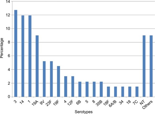 Figure 1 Serotype distribution of 134 invasive pneumococcal isolates.Note: Others: 18C, 7F, 6A, G, 9A, 23A, 24F, 22F, 15A, 31, 33F, and 6C.Abbreviation: NT, not determined.