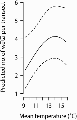 Figure 4. The predicted numbers of cave wētā, Pleioplectron sp., under the temperature conditions experienced during spotlight transects in February.