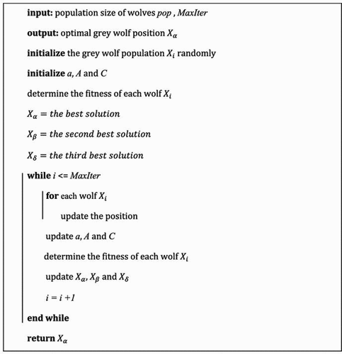 Figure 4. The algpseudocode of GWO (Jokar, Mosleh, and Kheyrandish Citation2022).