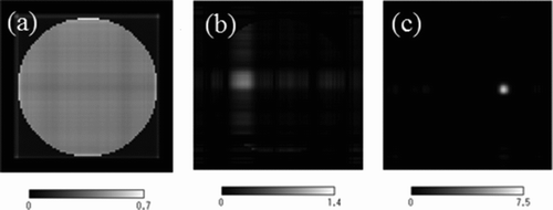 Figure 17 Tomographies obtained from the electric current ratios for (a) acrylic, (b) iodine, and (c) aluminum by using the ML-EM method. The circular shape of the acrylic is given during the image reconstruction process