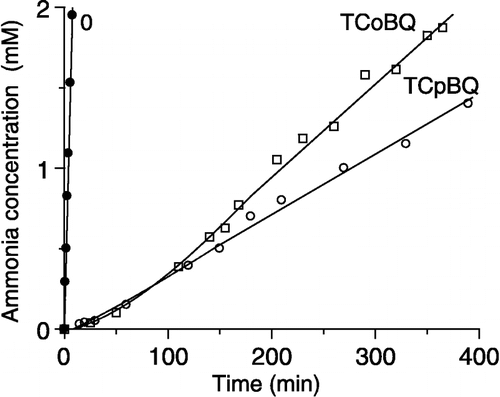 Figure 4 Reactivation progress curves of inhibited urease by TCoBQ (▪) and TCpBQ (○), respectively, after 50-fold dilution in 50 mM urea. The progress curve of uninhibited urease is given by (•).