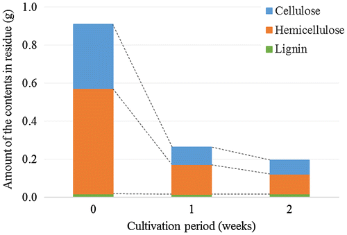 Fig. 1. Cellulose, hemicellulose, and lignin contents in lignocellulose during the cultivation of C. thermocellum.