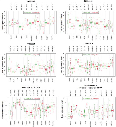 Figure 5. Comparison of the gene expression level of prognostic targets independent datasets. Box- plots show the overall range and distribution of the gene expression level of prognostic molecular targets in high and low-risk groups of each dataset. It was used independent six ovarian cancer microarray and RNA-Seq datasets (n = 1933). The p values were computed the mean difference of module-related gene expression between low and high- risk group samples via the t-test (p < 0.05).