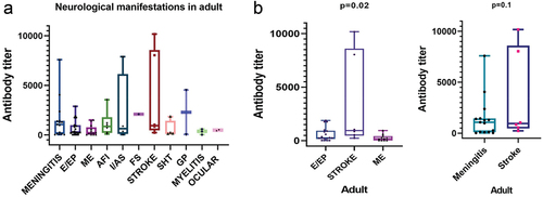 Figure 4. (a) Represents diverse neurological manifestations in adult participants with antibody titer. (b) Comparison of stroke with acute neurological manifestations (encephalitis, meningoencephalitis, and meningitis) of VZV among adult participants (GraphPad 9.5.1).