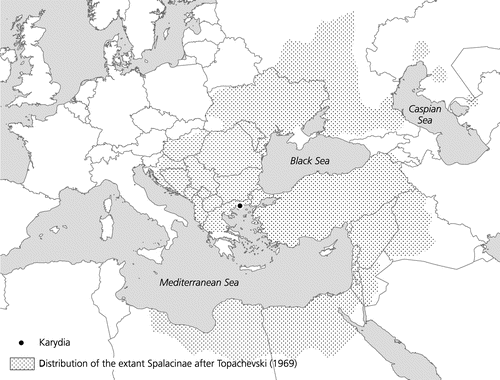 Figure 1. Map of Europe, the Middle East and North Africa showing the geographical range of the extant Spalacinae and the position of the locality Karydia.